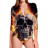 Flaming Skull And Cross Wrench Print Long Sleeve Swimsuit