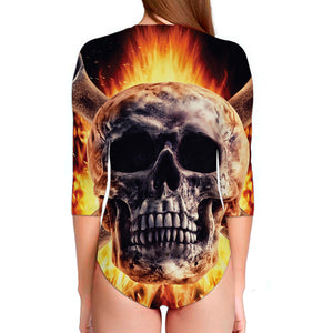 Flaming Skull And Cross Wrench Print Long Sleeve Swimsuit