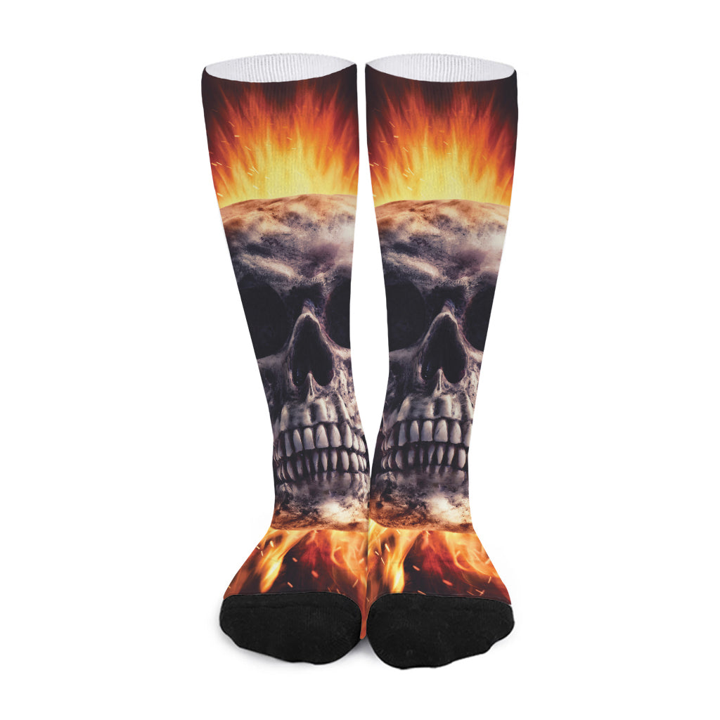 Flaming Skull And Cross Wrench Print Long Socks