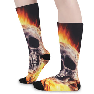 Flaming Skull And Cross Wrench Print Long Socks