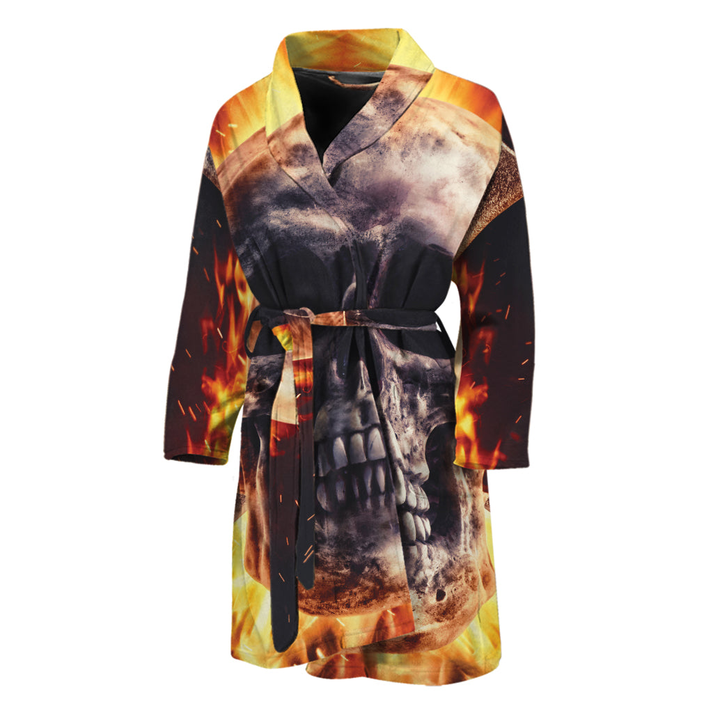 Flaming Skull And Cross Wrench Print Men's Bathrobe