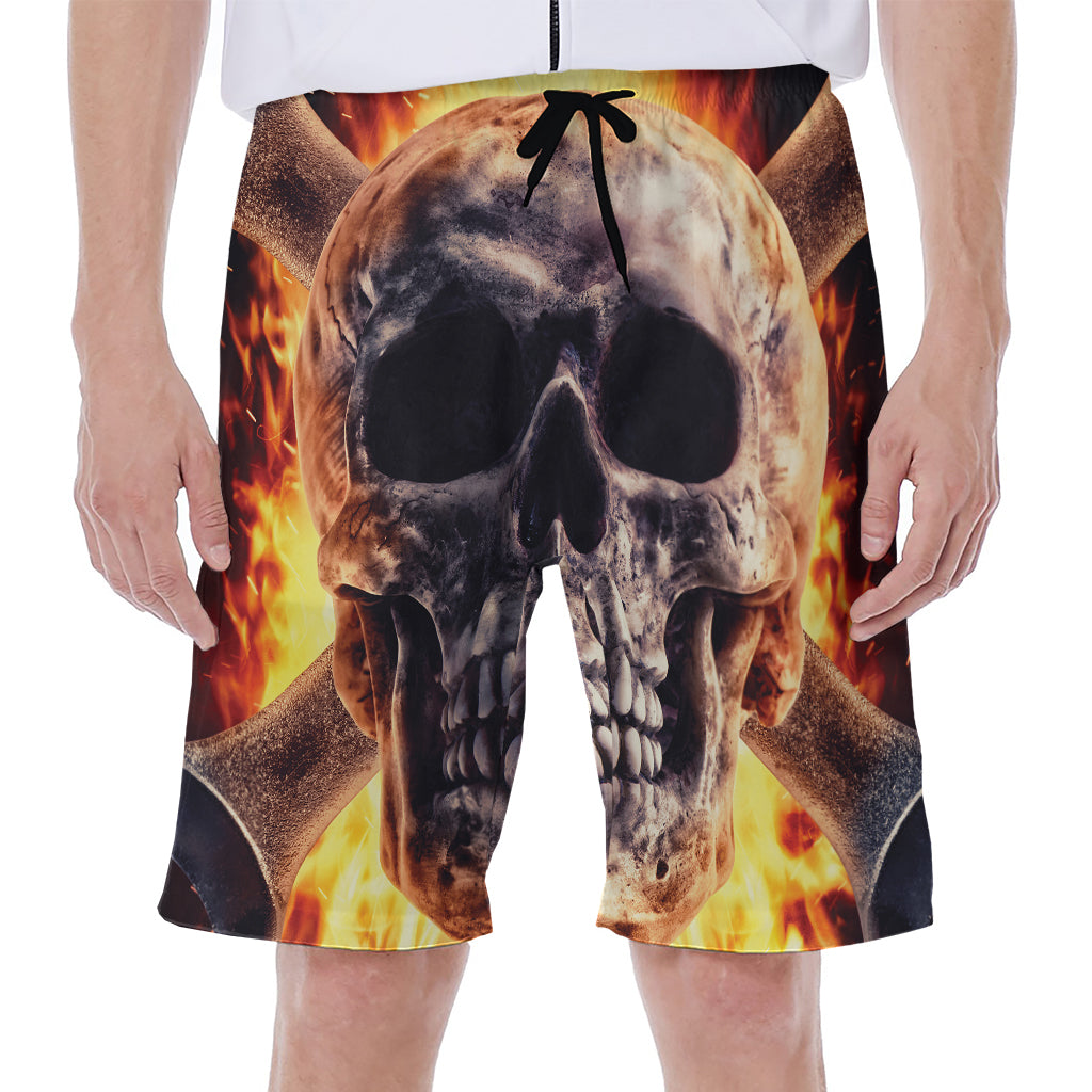 Flaming Skull And Cross Wrench Print Men's Beach Shorts