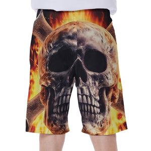 Flaming Skull And Cross Wrench Print Men's Beach Shorts