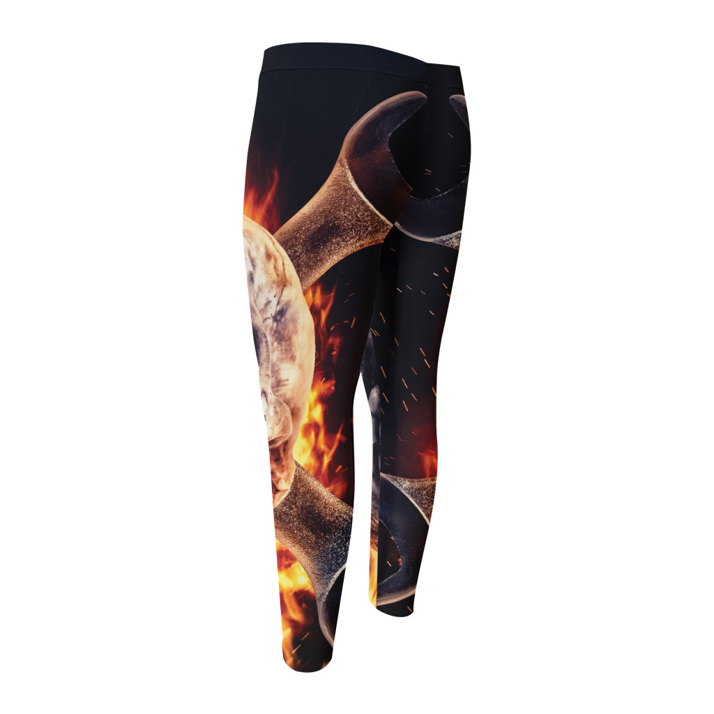 Flaming Skull And Cross Wrench Print Men's Compression Pants