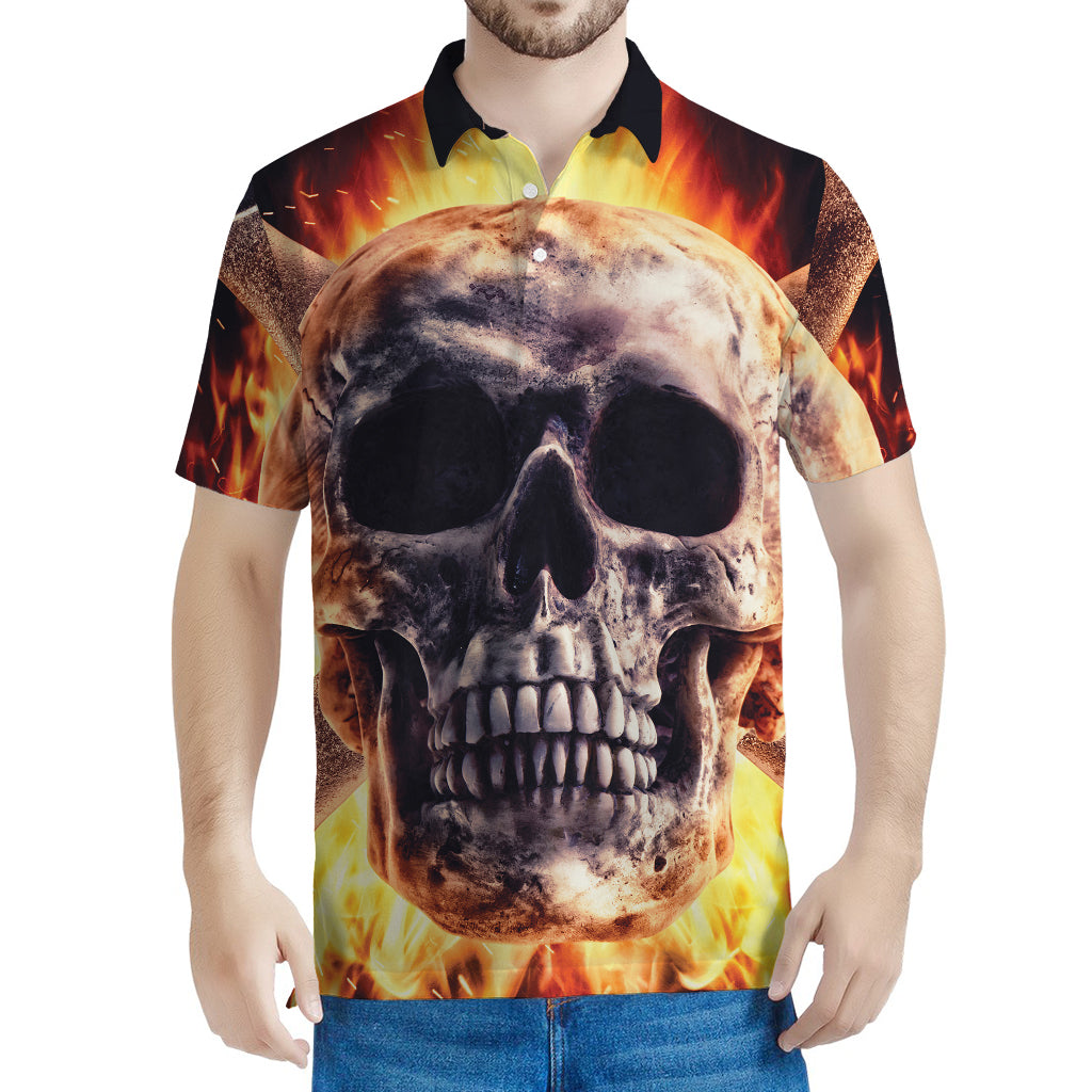 Flaming Skull And Cross Wrench Print Men's Polo Shirt