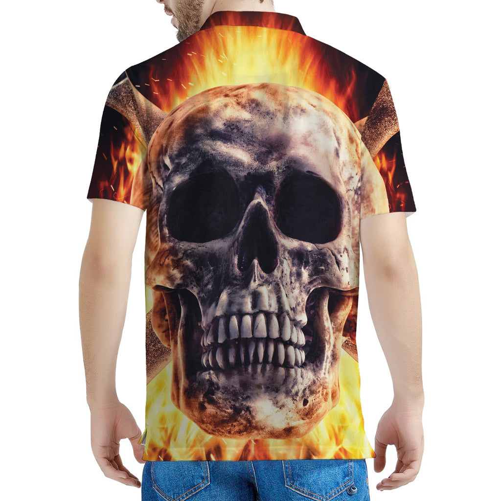 Flaming Skull And Cross Wrench Print Men's Polo Shirt