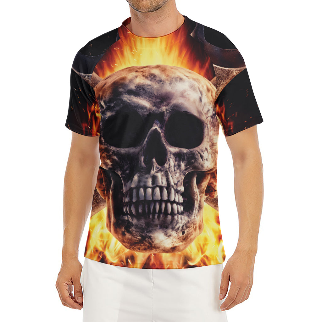 Flaming Skull And Cross Wrench Print Men's Short Sleeve Rash Guard