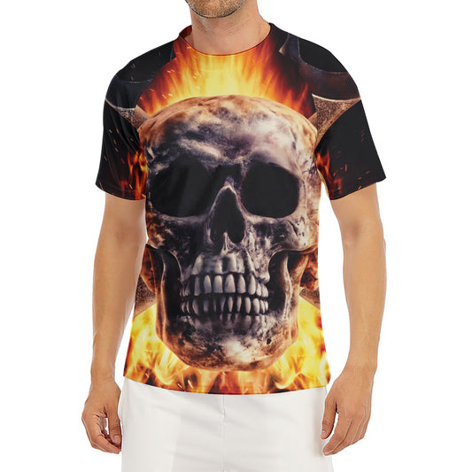 Flaming Skull And Cross Wrench Print Men's Short Sleeve Rash Guard