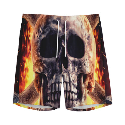 Flaming Skull And Cross Wrench Print Men's Sports Shorts