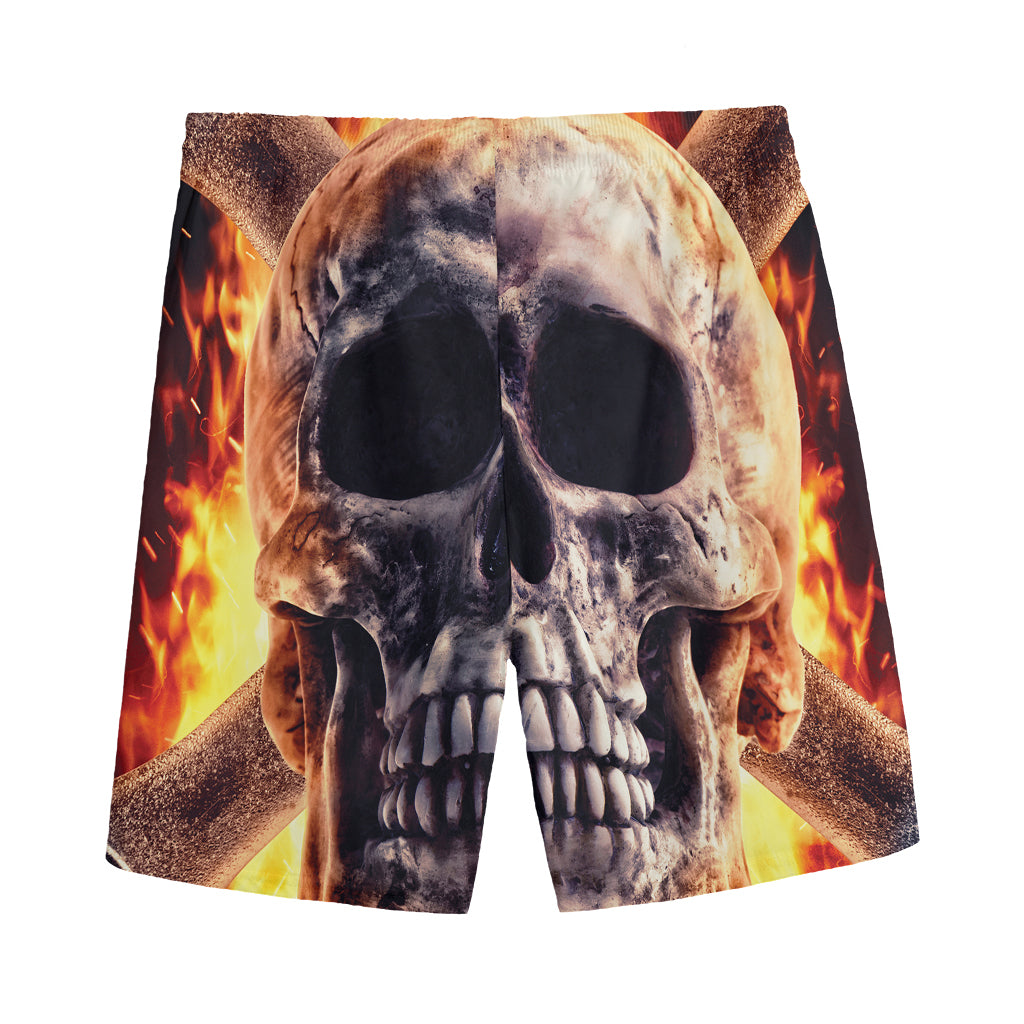 Flaming Skull And Cross Wrench Print Men's Sports Shorts