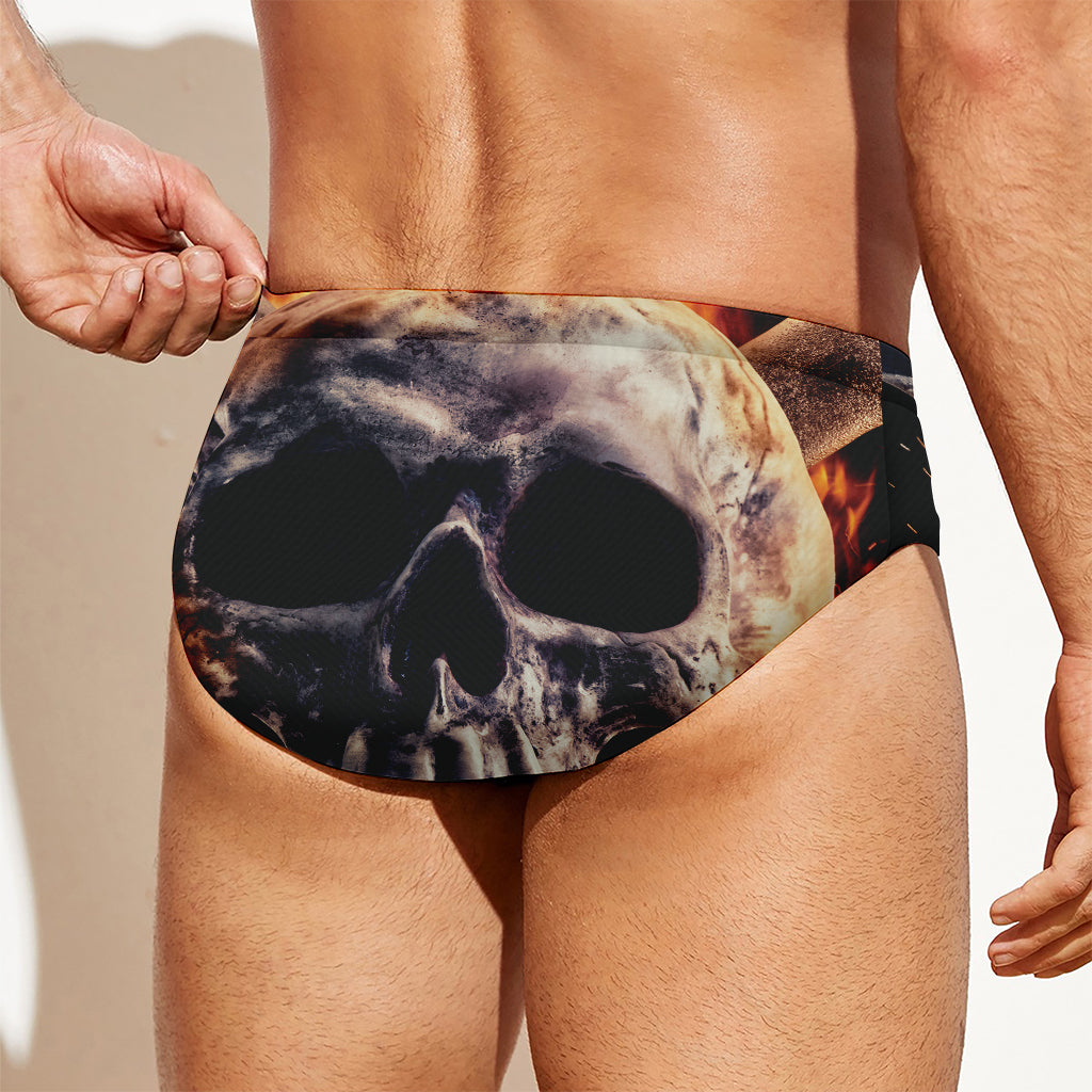 Flaming Skull And Cross Wrench Print Men's Swim Briefs