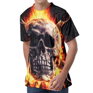 Flaming Skull And Cross Wrench Print Men's Velvet T-Shirt