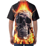 Flaming Skull And Cross Wrench Print Men's Velvet T-Shirt