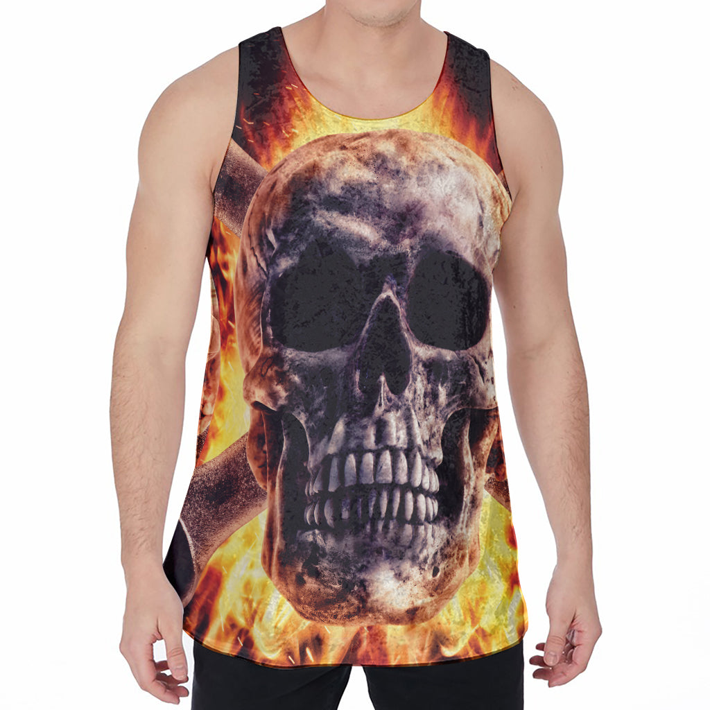 Flaming Skull And Cross Wrench Print Men's Velvet Tank Top