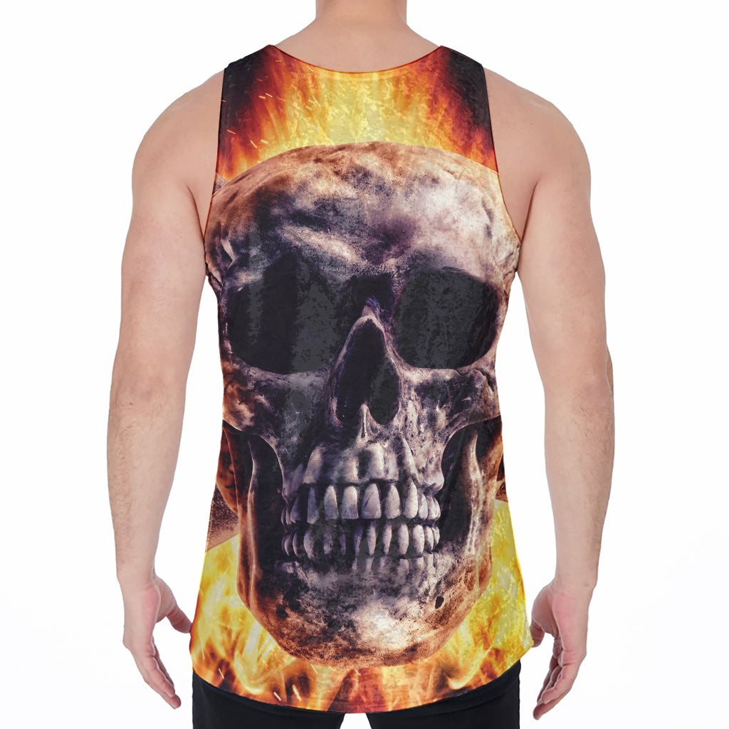 Flaming Skull And Cross Wrench Print Men's Velvet Tank Top