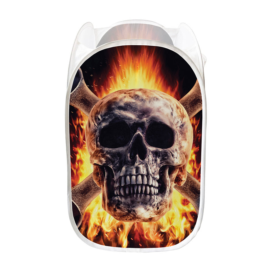 Flaming Skull And Cross Wrench Print Mesh Laundry Hamper