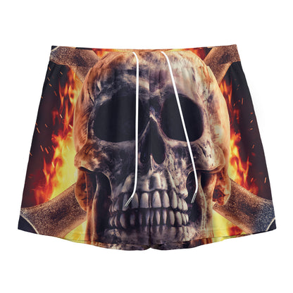 Flaming Skull And Cross Wrench Print Mesh Shorts