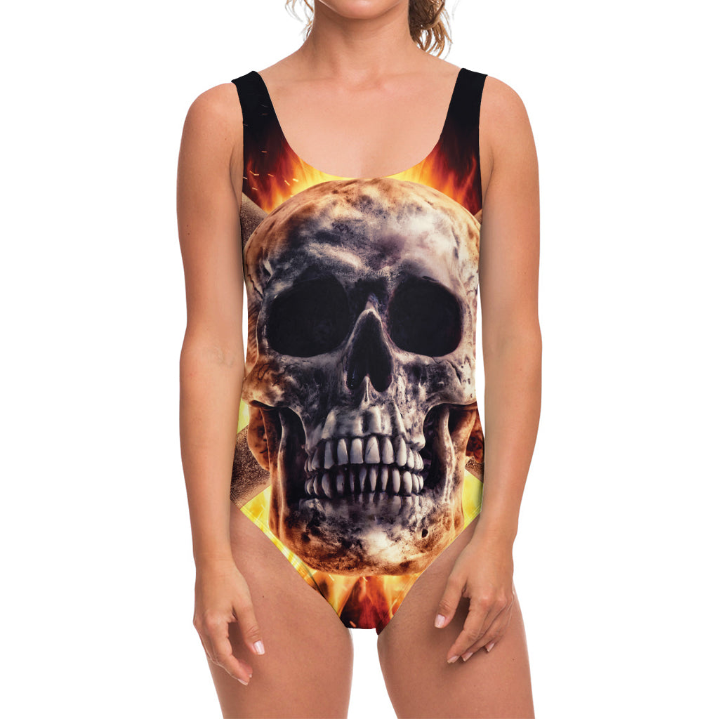 Flaming Skull And Cross Wrench Print One Piece Swimsuit