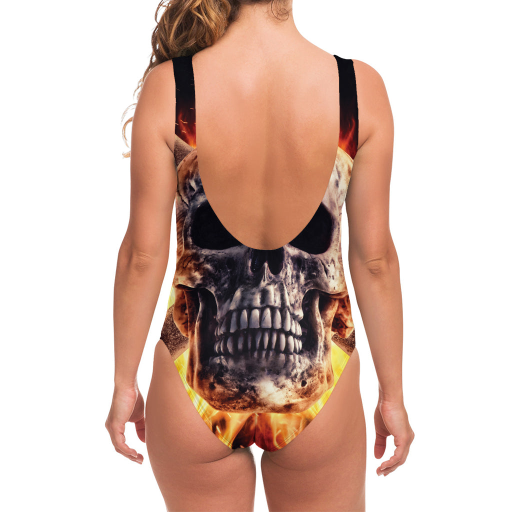 Flaming Skull And Cross Wrench Print One Piece Swimsuit