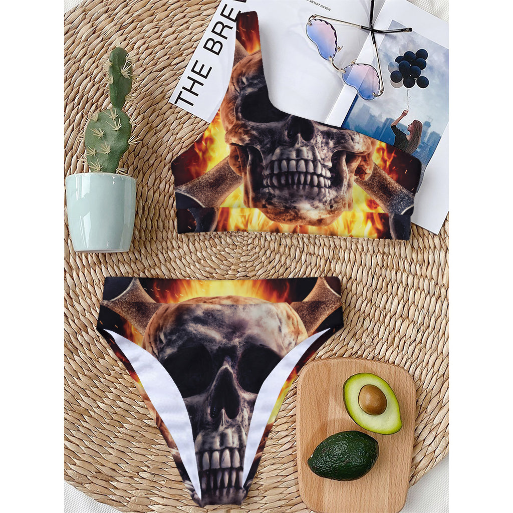 Flaming Skull And Cross Wrench Print One Shoulder Bikini Top