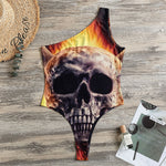 Flaming Skull And Cross Wrench Print One Shoulder Bodysuit