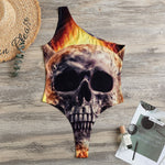 Flaming Skull And Cross Wrench Print One Shoulder Bodysuit