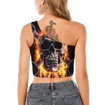 Flaming Skull And Cross Wrench Print One Shoulder Crop Top