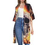 Flaming Skull And Cross Wrench Print Open Front Beach Cover Up