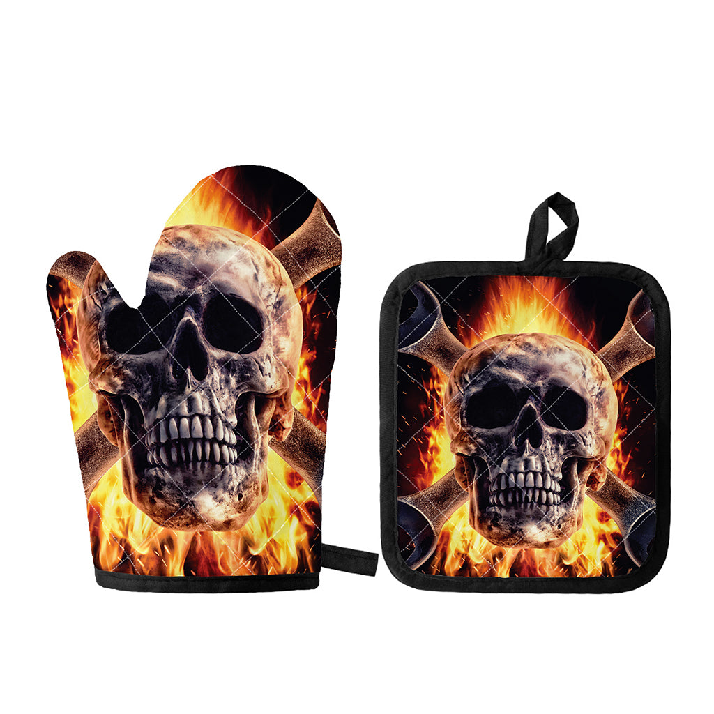 Flaming Skull And Cross Wrench Print Oven Mitt And Pot Holder Set