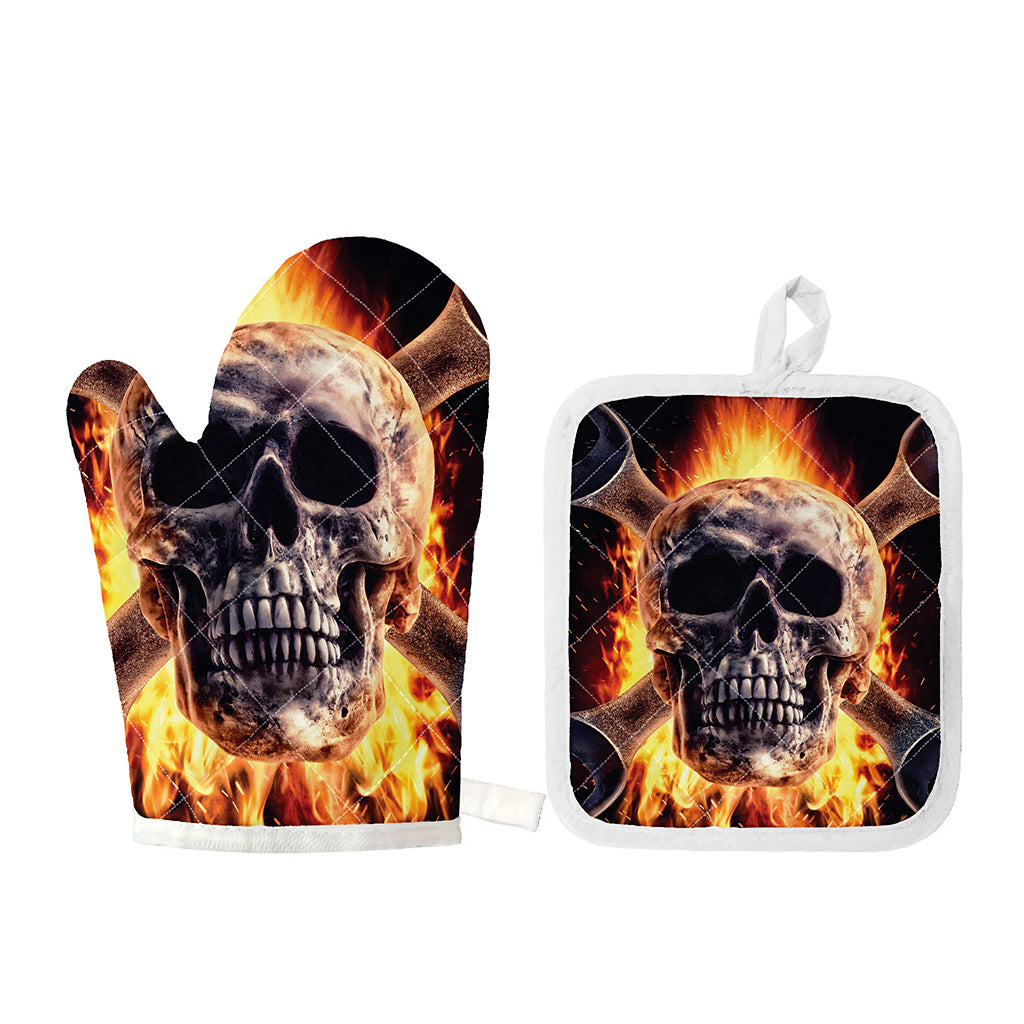 Flaming Skull And Cross Wrench Print Oven Mitt And Pot Holder Set