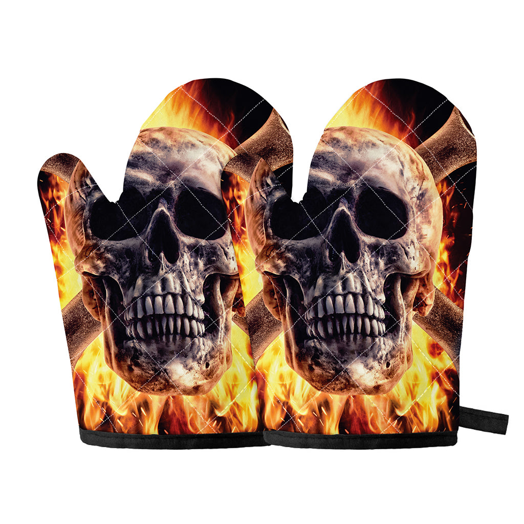 Flaming Skull And Cross Wrench Print Oven Mitts