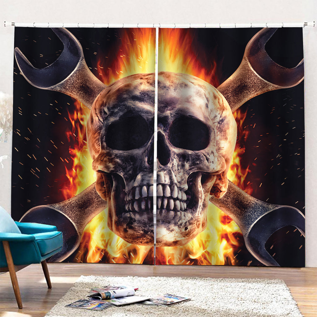 Flaming Skull And Cross Wrench Print Pencil Pleat Curtains