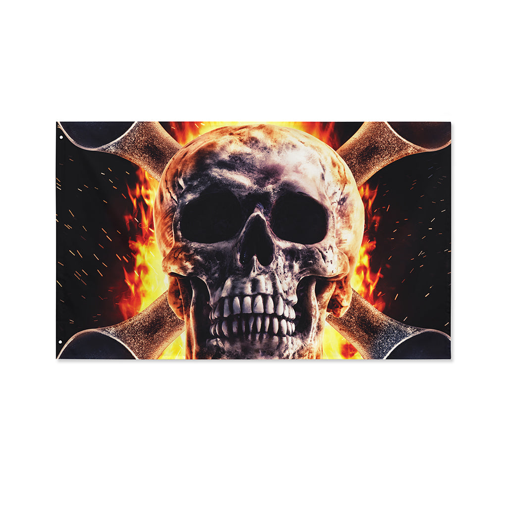 Flaming Skull And Cross Wrench Print Polyester Flag