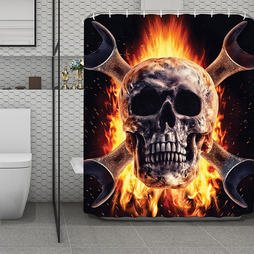 Flaming Skull And Cross Wrench Print Polyester Shower Curtain