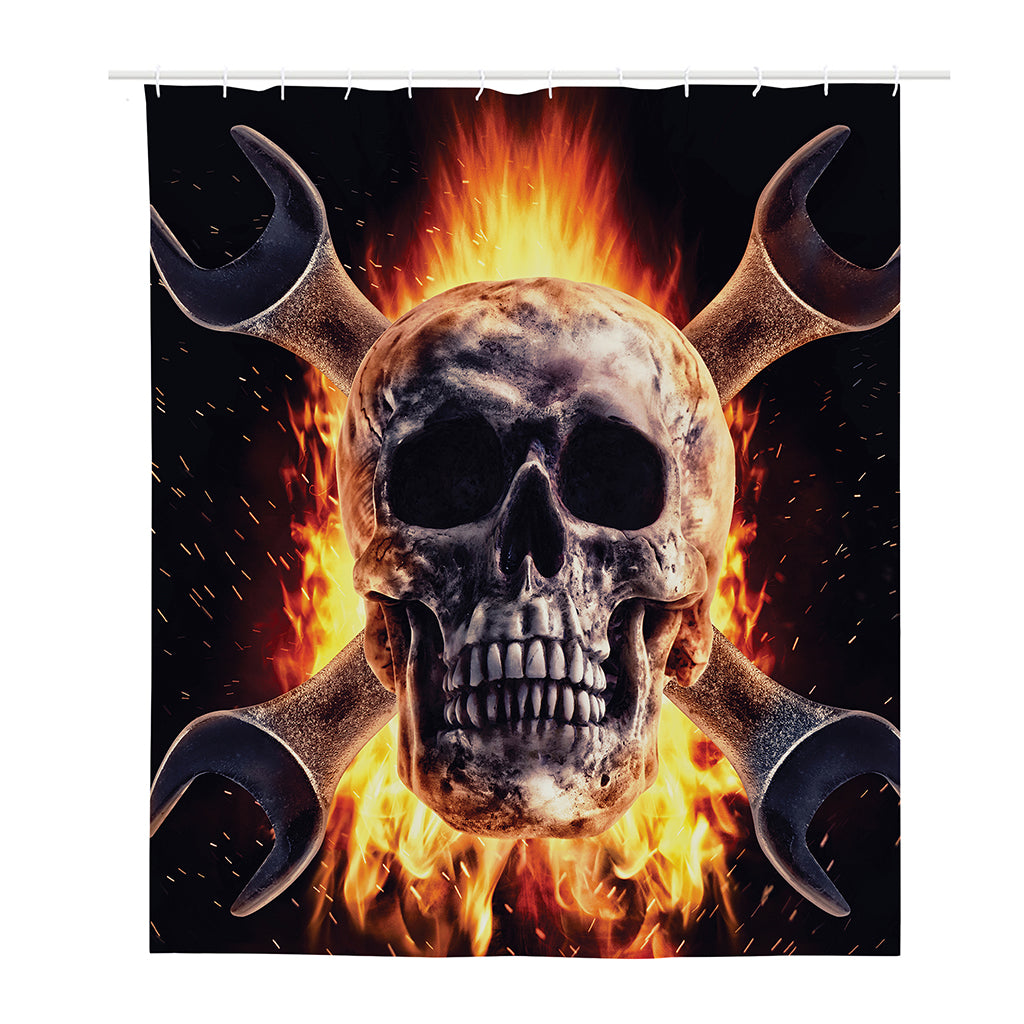 Flaming Skull And Cross Wrench Print Polyester Shower Curtain