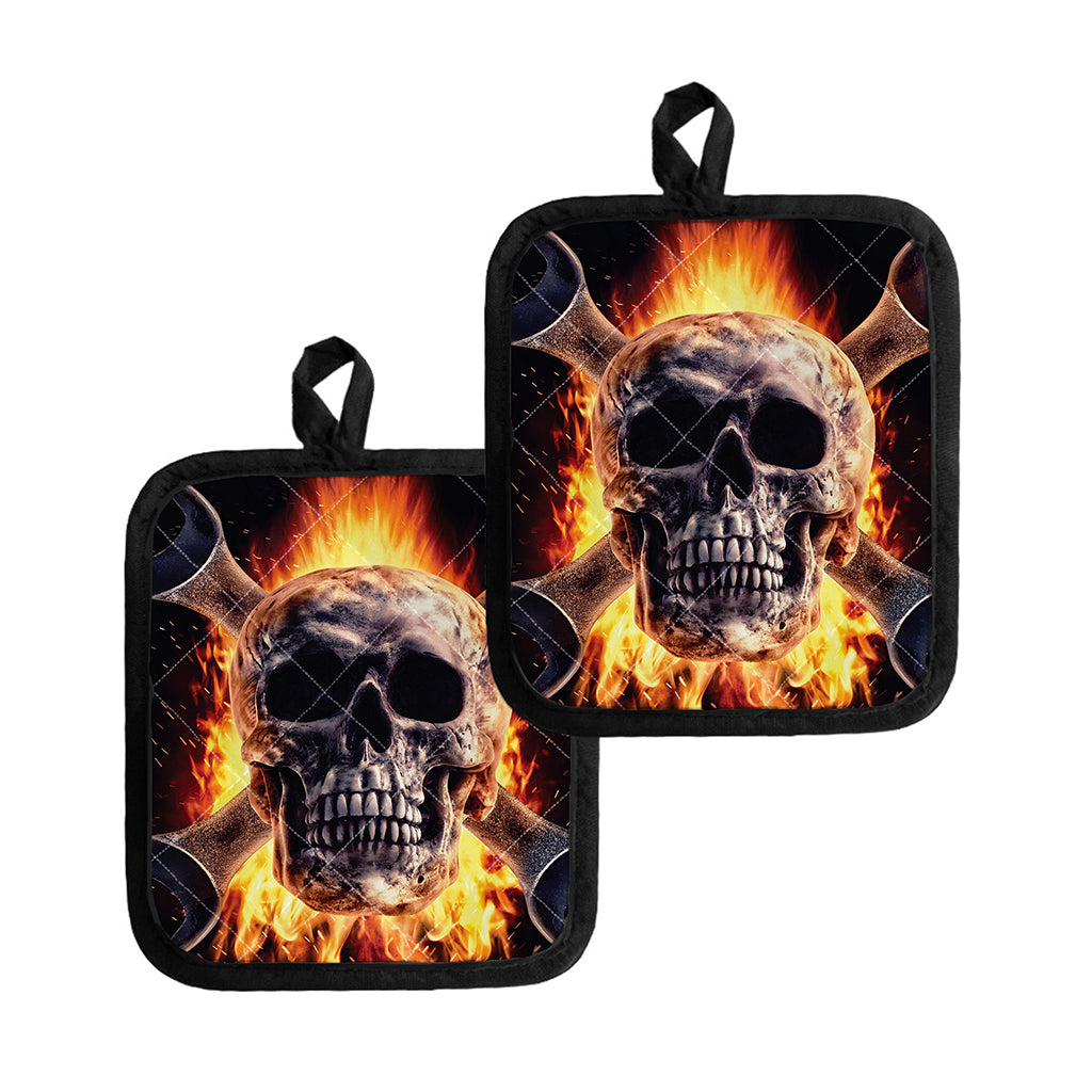 Flaming Skull And Cross Wrench Print Pot Holders