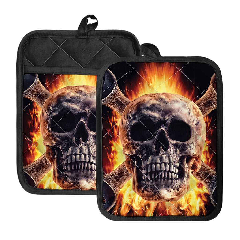Flaming Skull And Cross Wrench Print Pot Holders With Pocket