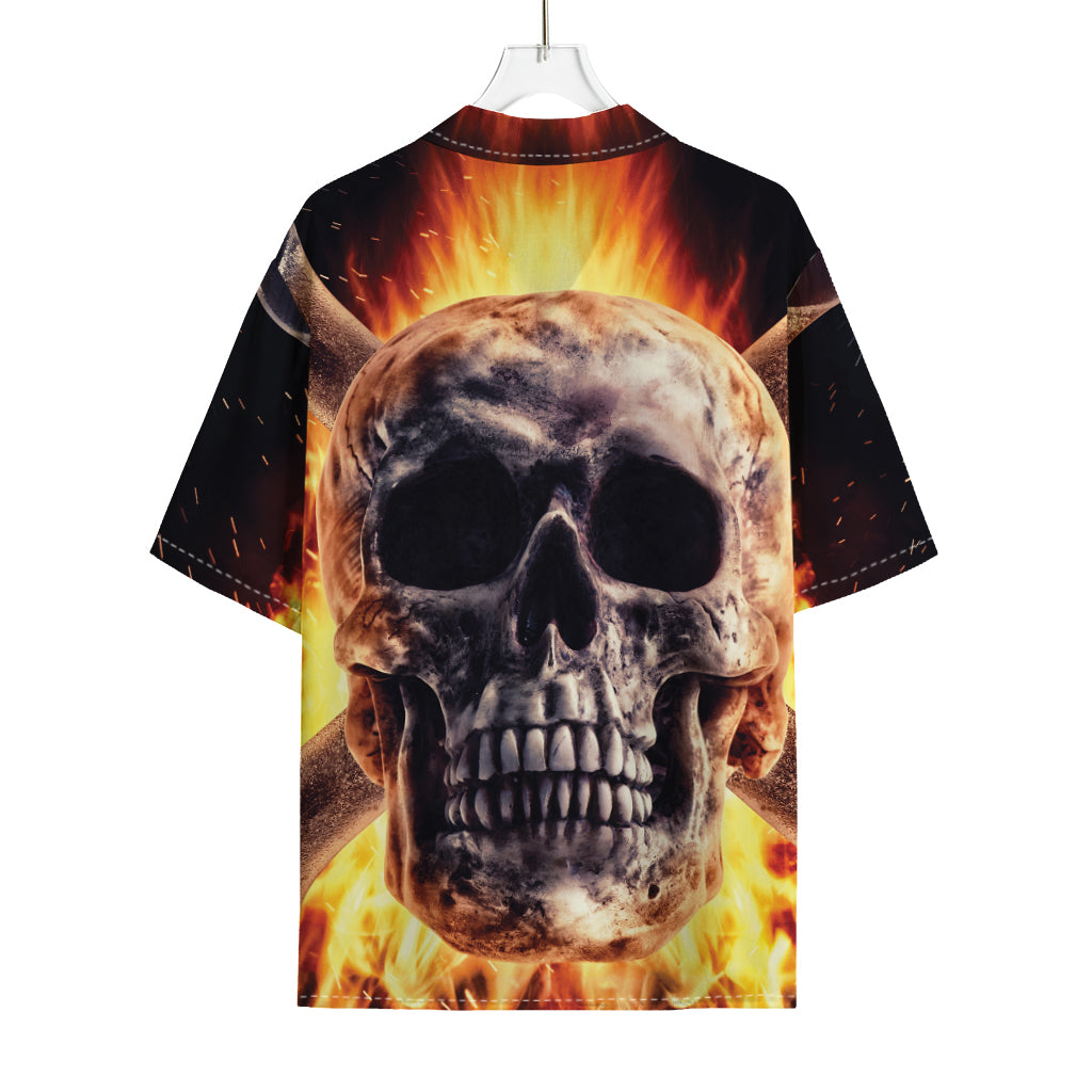 Flaming Skull And Cross Wrench Print Rayon Hawaiian Shirt