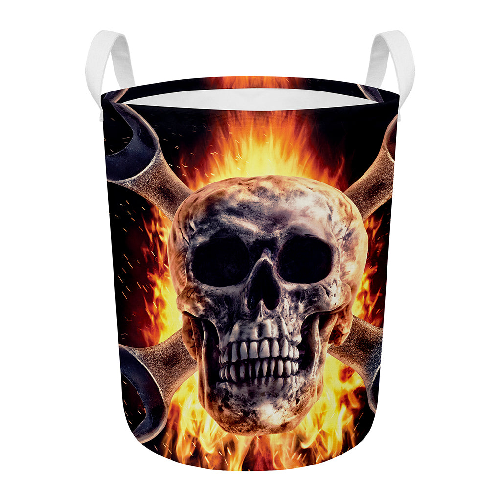 Flaming Skull And Cross Wrench Print Round Laundry Basket