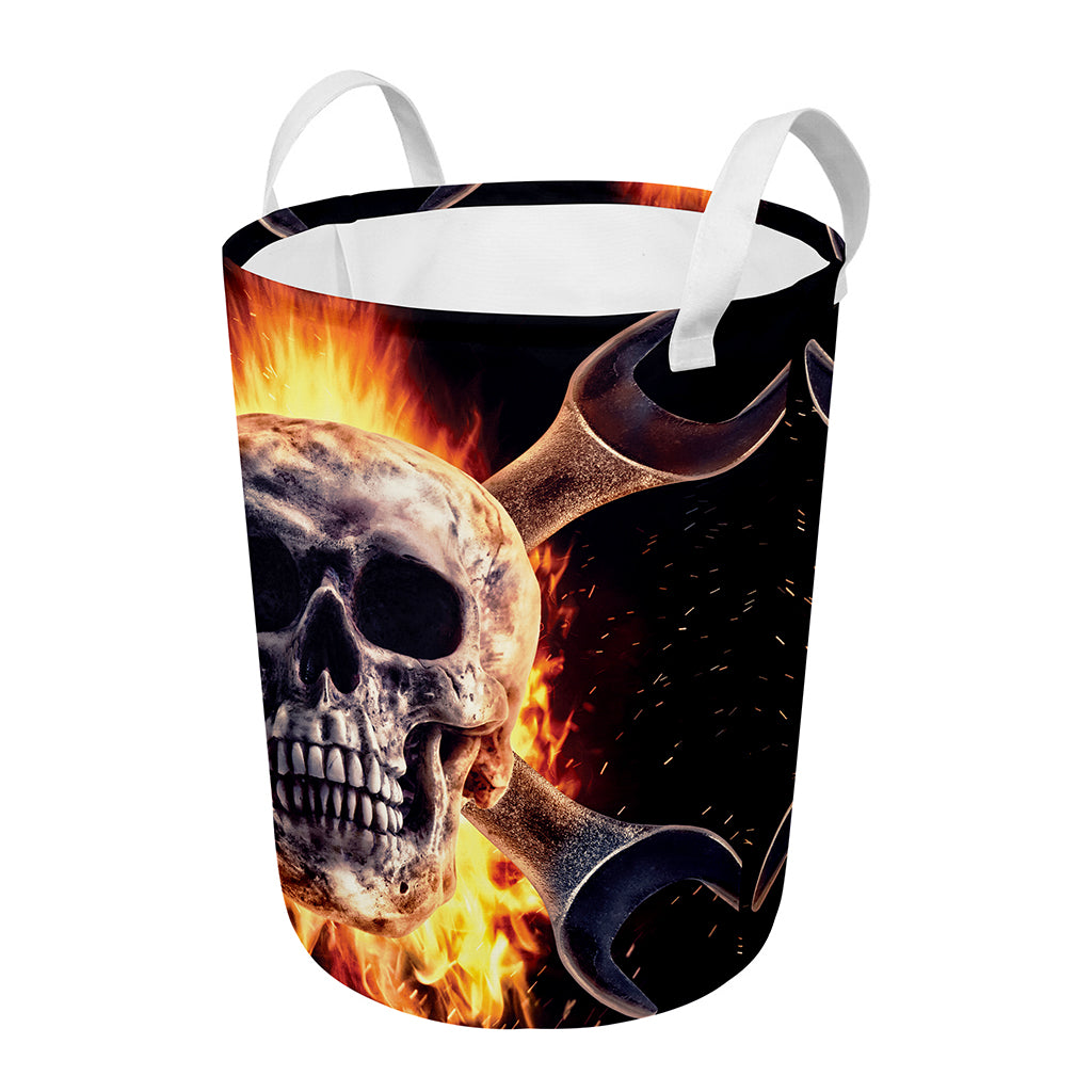Flaming Skull And Cross Wrench Print Round Laundry Basket