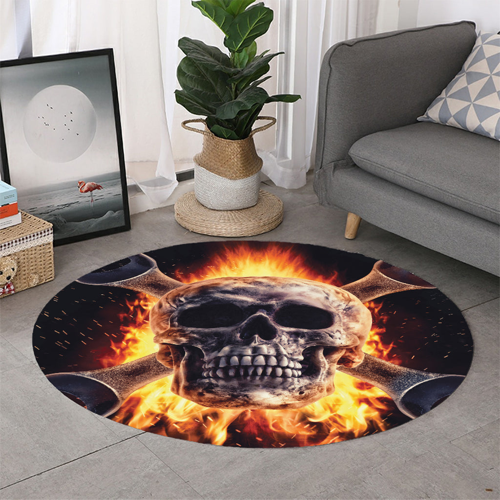 Flaming Skull And Cross Wrench Print Round Rug