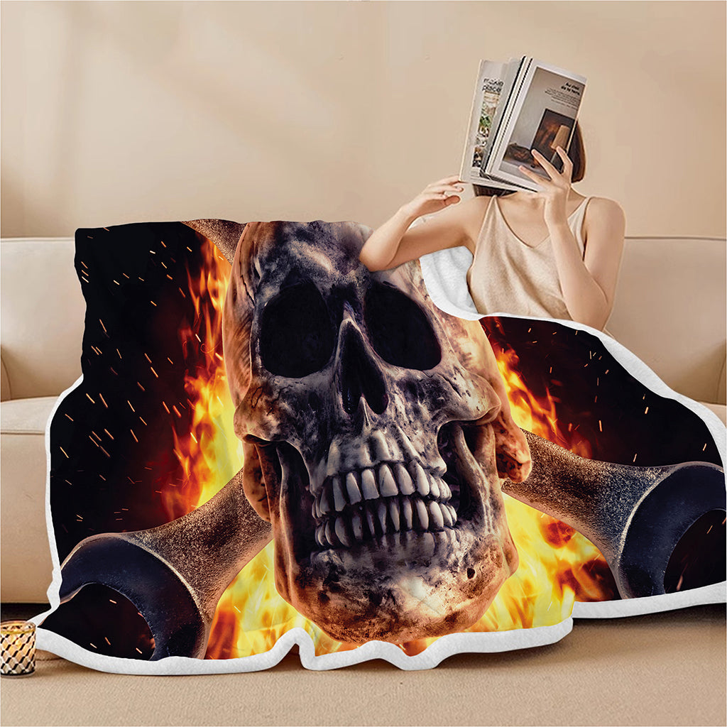 Flaming Skull And Cross Wrench Print Sherpa Blanket