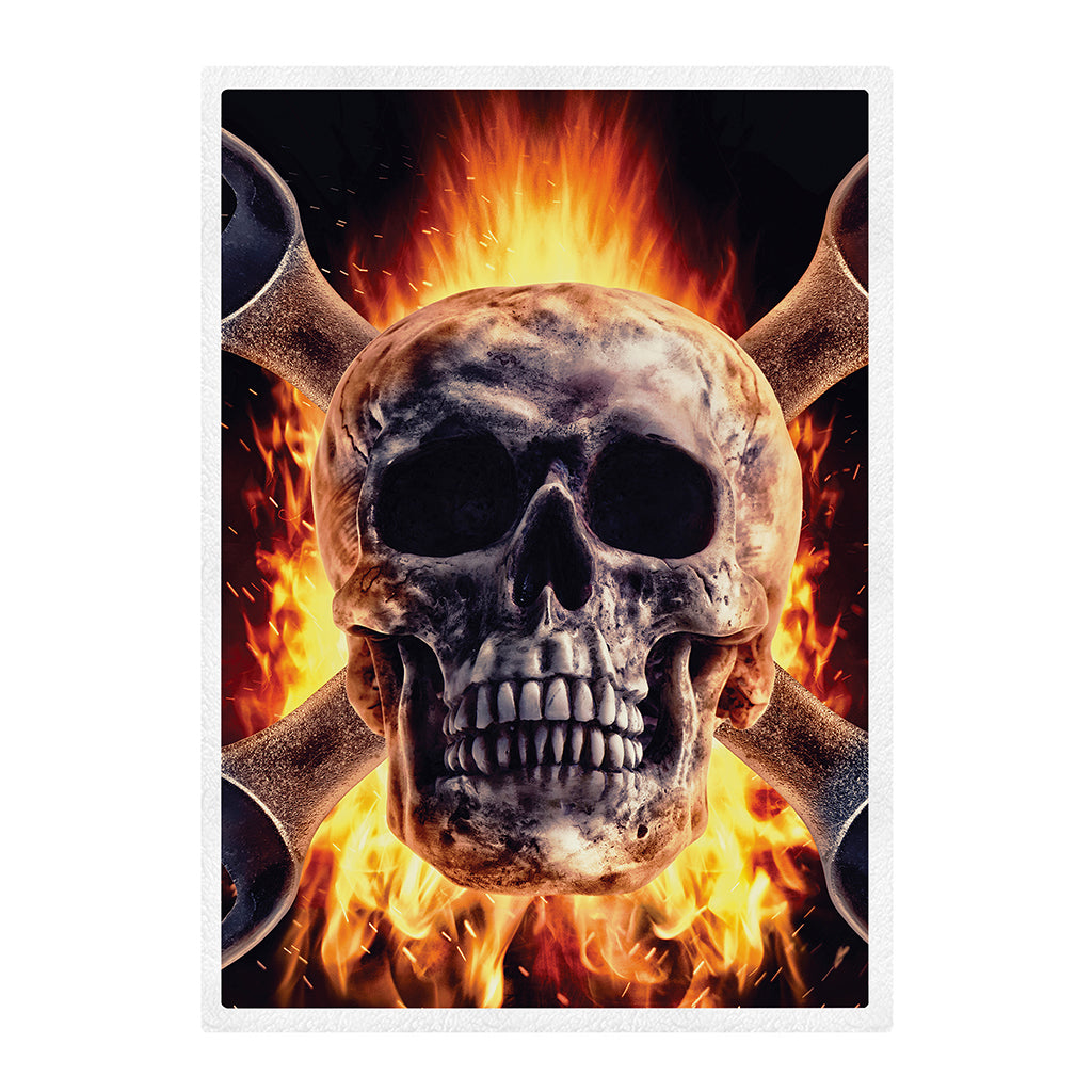 Flaming Skull And Cross Wrench Print Sherpa Blanket