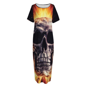 Flaming Skull And Cross Wrench Print Short Sleeve Long Nightdress