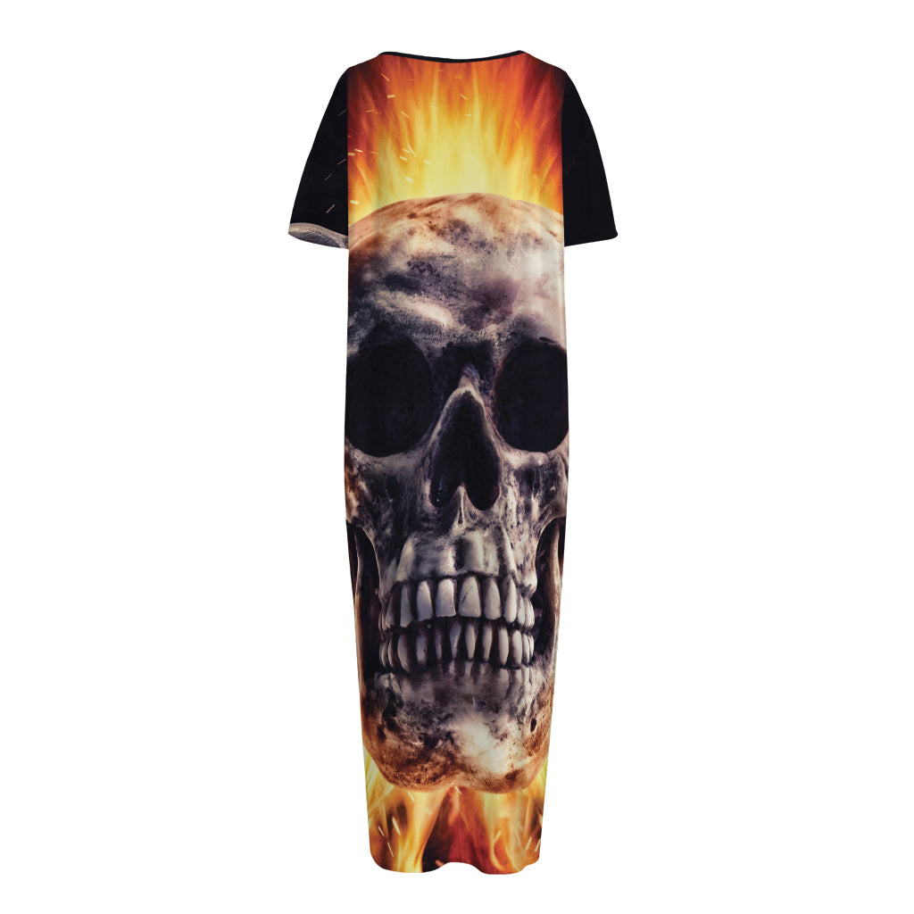 Flaming Skull And Cross Wrench Print Short Sleeve Long Nightdress