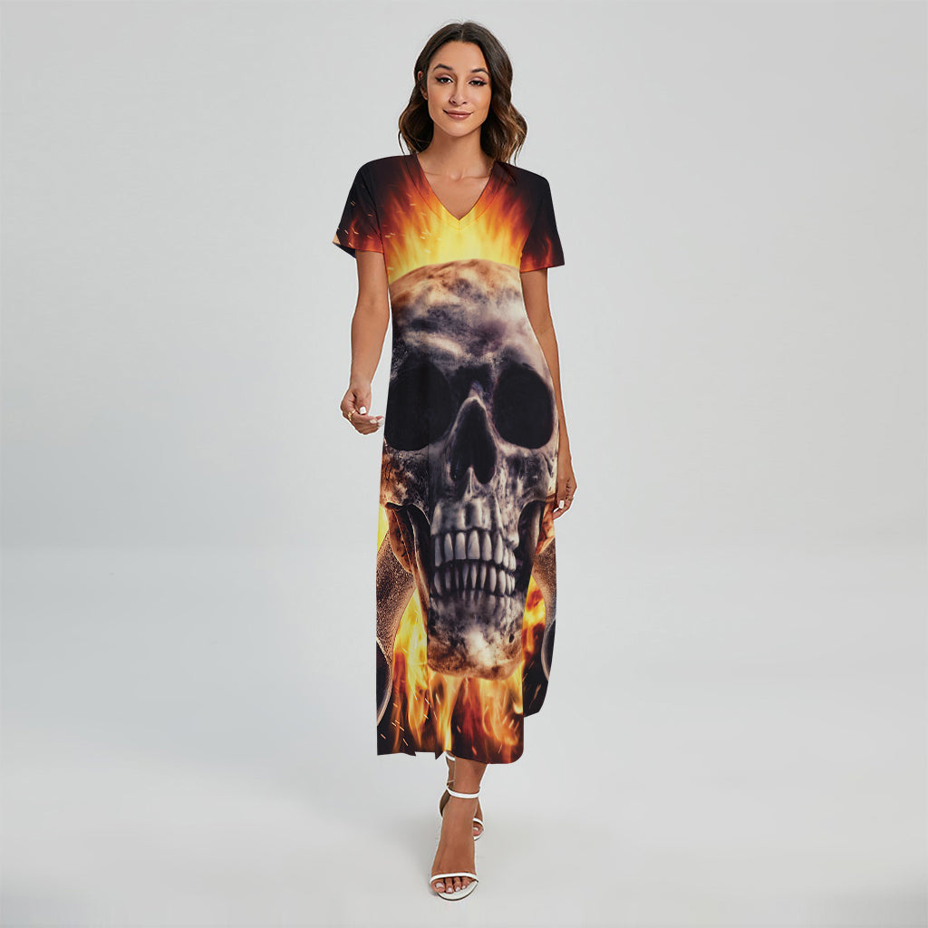 Flaming Skull And Cross Wrench Print Short Sleeve Maxi Dress