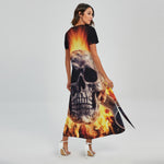 Flaming Skull And Cross Wrench Print Short Sleeve Maxi Dress