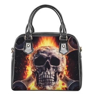 Flaming Skull And Cross Wrench Print Shoulder Handbag