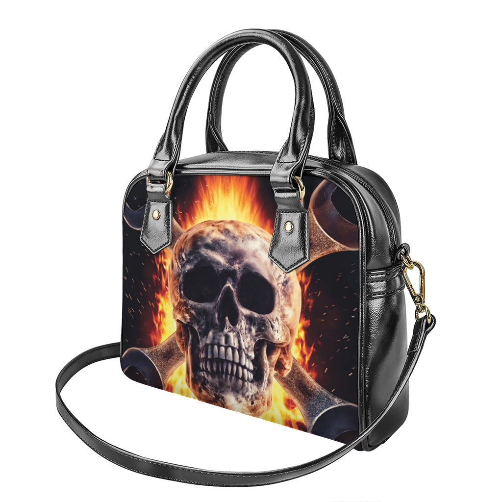 Flaming Skull And Cross Wrench Print Shoulder Handbag