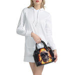 Flaming Skull And Cross Wrench Print Shoulder Handbag